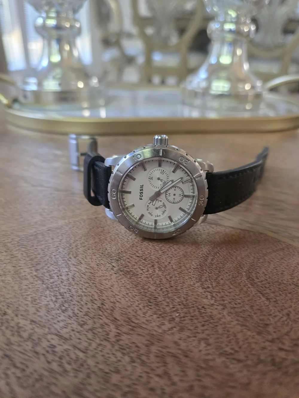 Fossil Men's Black Leather Strap Chronograph Watch - White Dial Missing Hands